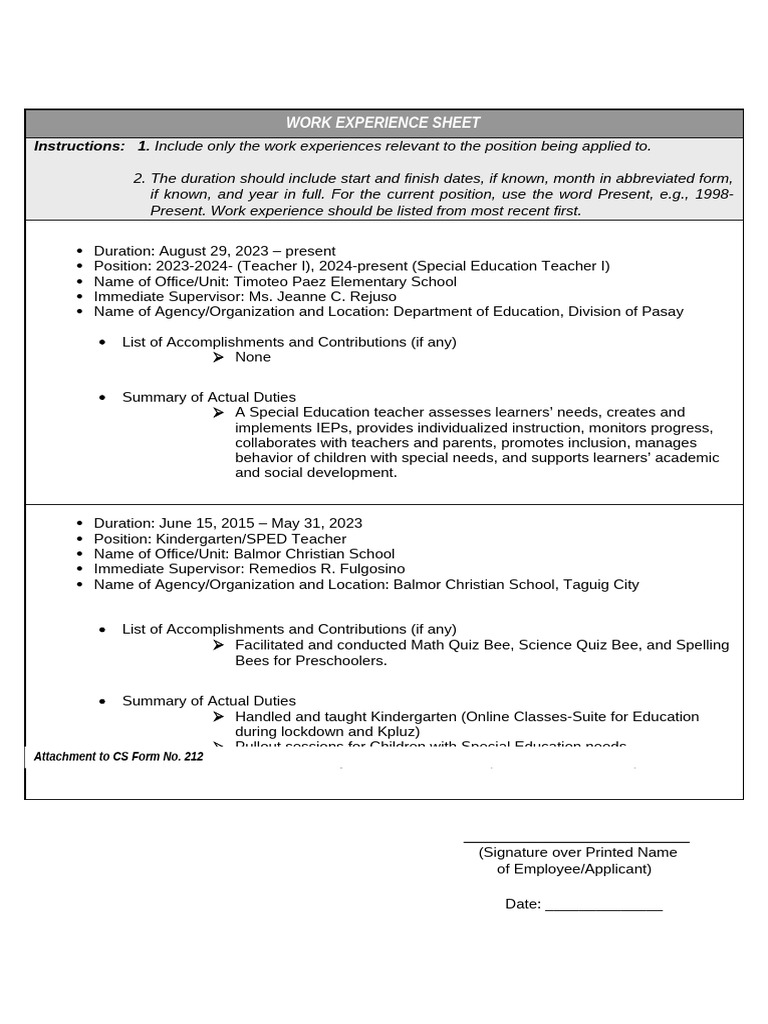 CS Form No 212 Work Experience Sheet-1 | PDF | Preschool | Kindergarten