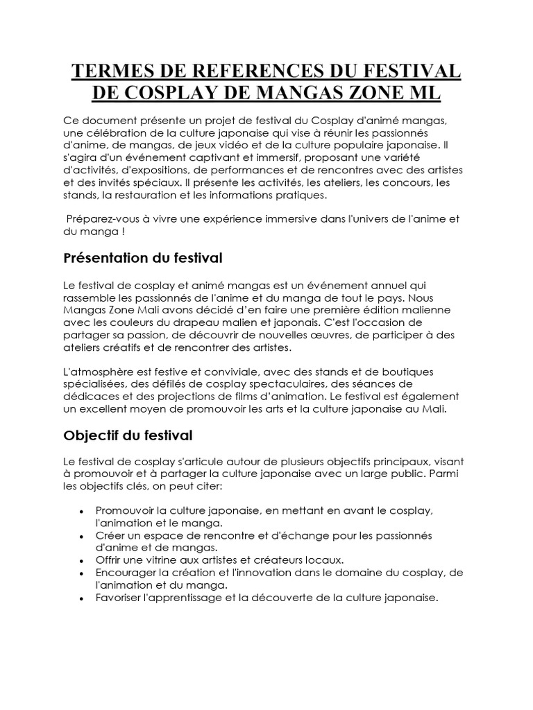Termes de References Du Festival de Cosplay de Mangas Zone ML | PDF ...