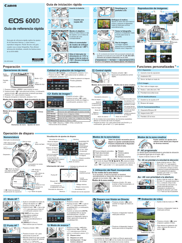 EOS 600D Quick Reference Guide ES v1.0 | PDF | Exposición (fotografía ...