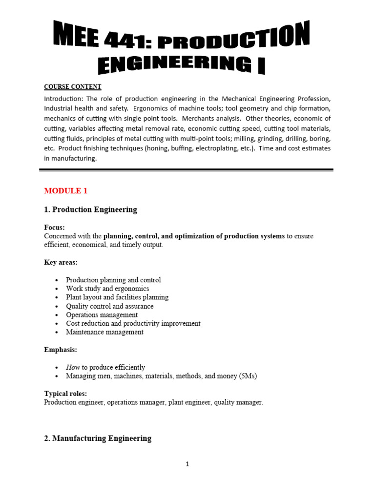 MEE 441 - Lecture Note 1 | PDF | Machining | Occupational Safety And Health