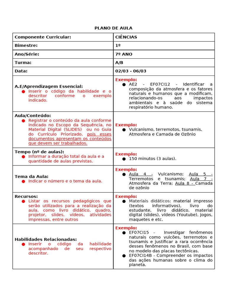 Plano de Aula - Modelo - 2026 | PDF | Aprendizado | Lição