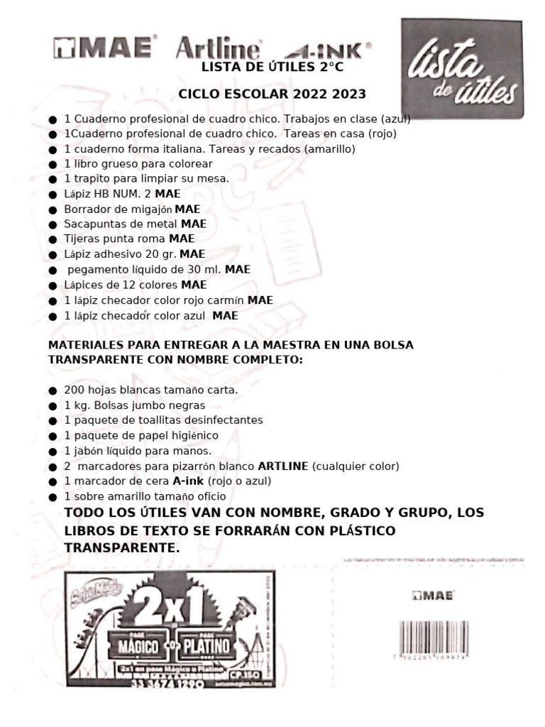 Lista de Tiles 2°C CICLO ESCOLAR 2022 2023 | PDF