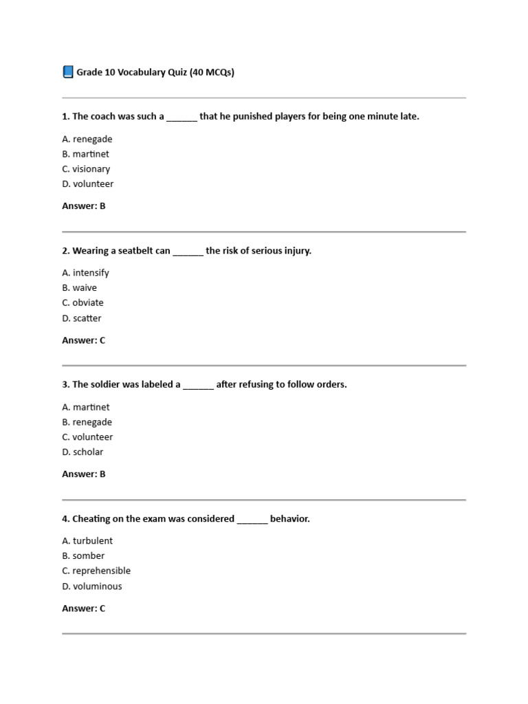 G10 Vocab Unit 10 Part 2 Quiz | PDF