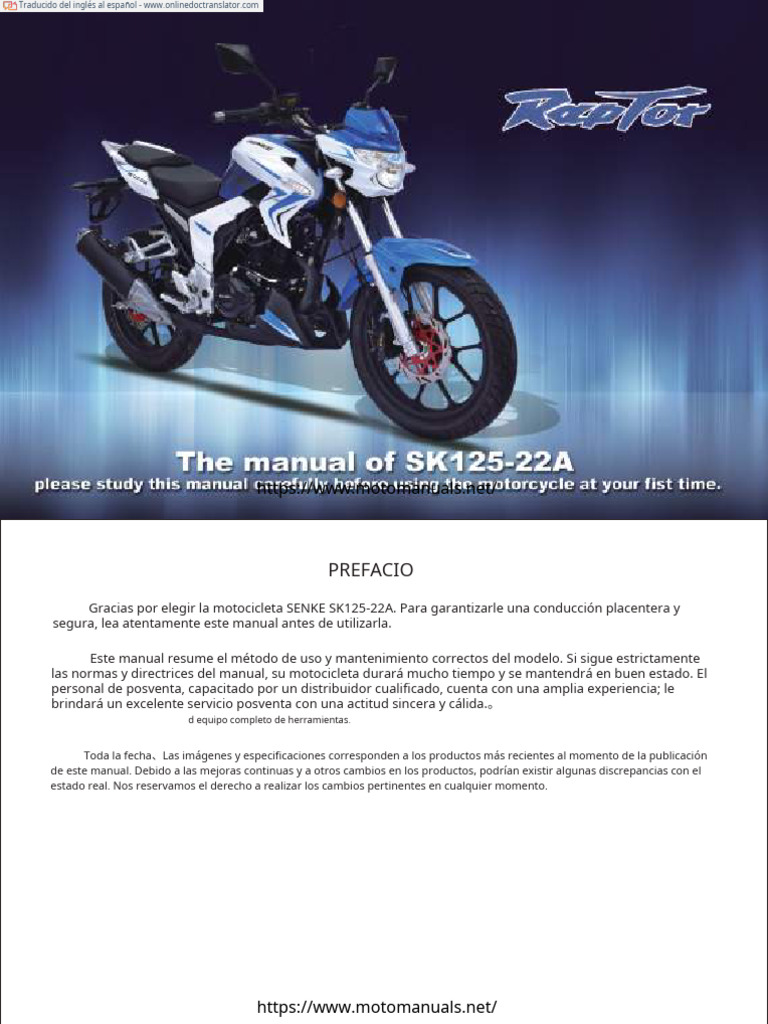 Senke SK125-22A Raptor Motorcycle Owner's Manual PDF - En.es | PDF ...