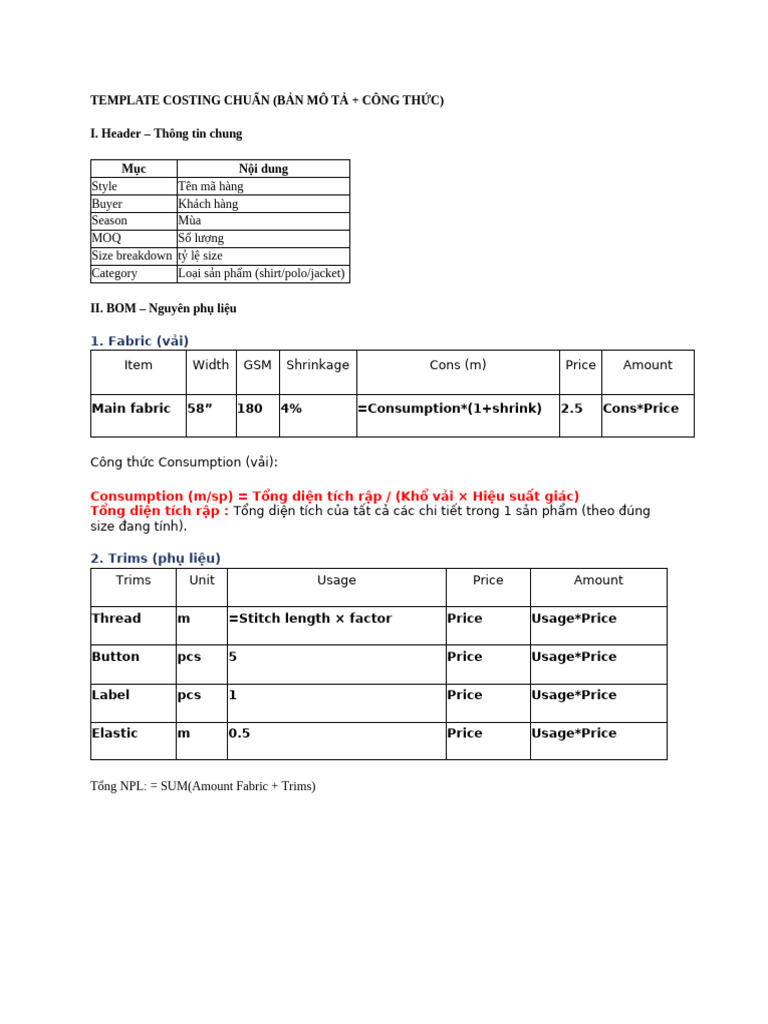 Template Costing Chuẩn | PDF