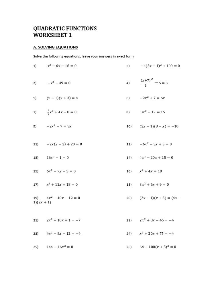 Quadratic Functions Worksheet 1 | PDF | Quadratic Equation | Algebra