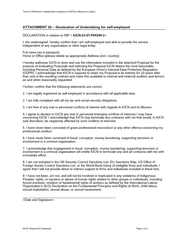 Attachment 2b Declaration of Undertaking For Self Employed | PDF ...