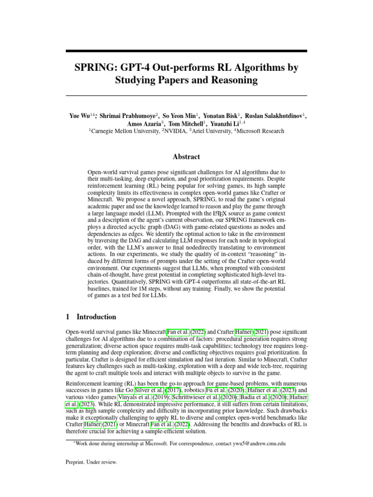 SPRING- GPT-4 Out-performs RL Algorithms by Studying Papers and ...