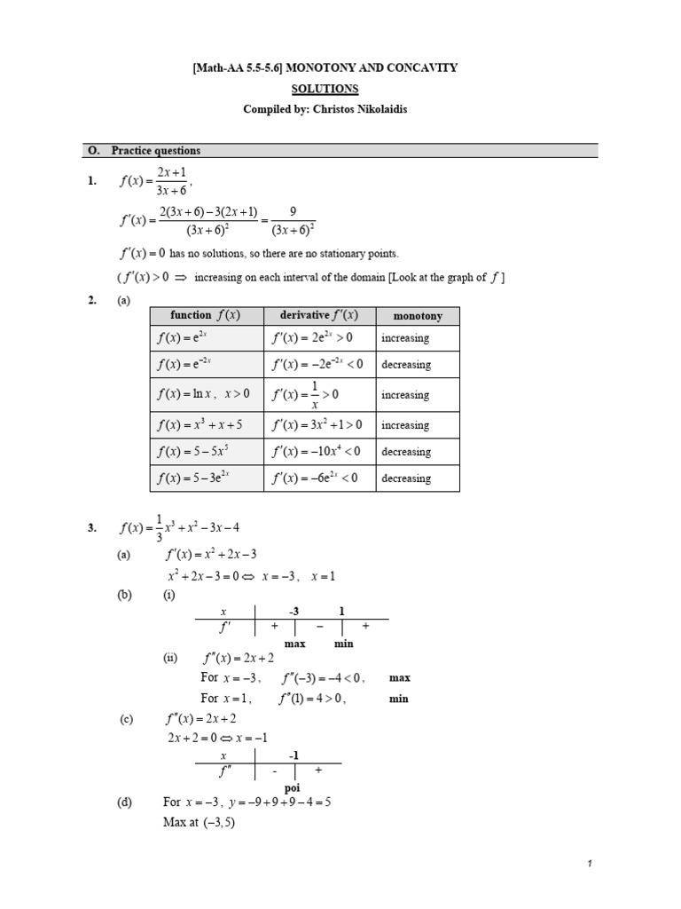 (Math-Aa 5.5-5.6) Monotony and Concavity - Solutions | PDF ...