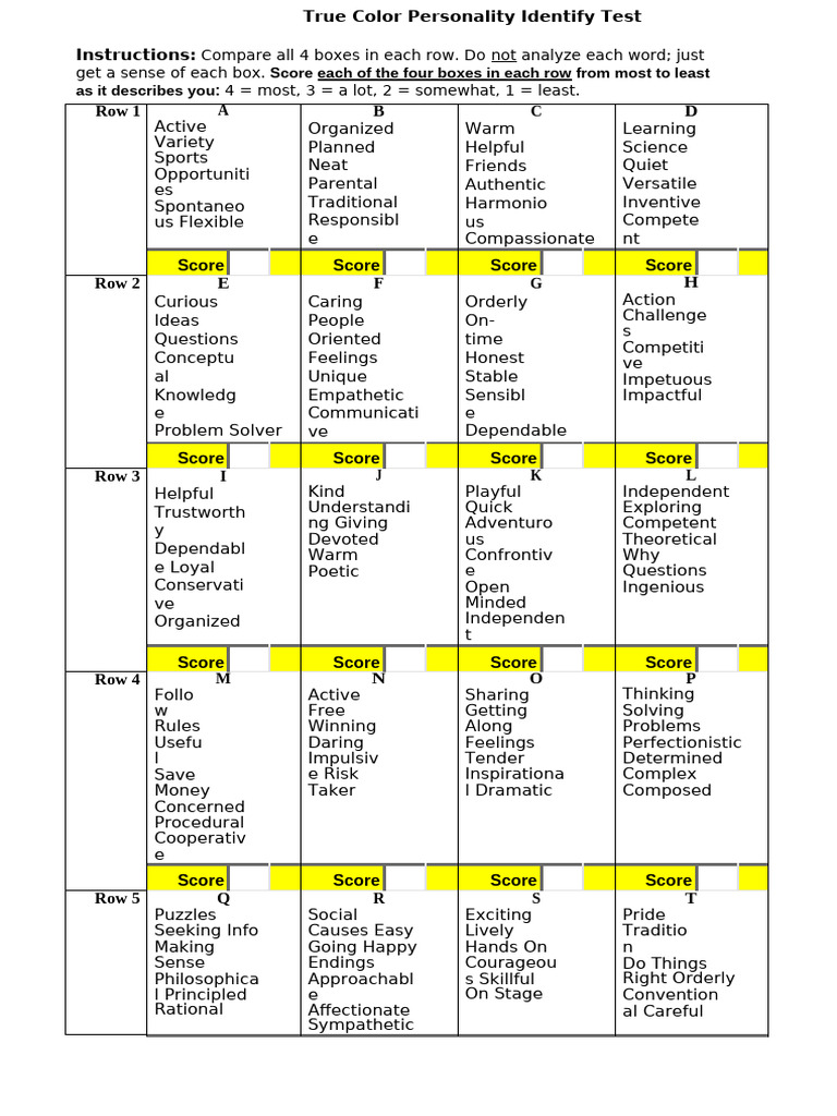 True Colors Personality Identify Test Form & Result THR01FORM04-Rev-A ...