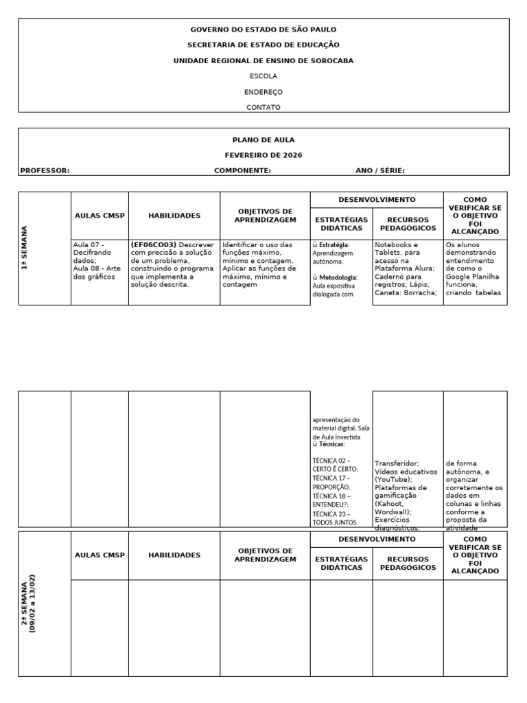 Modelo Plano de Aula - 2026 | PDF | Pedagogia | Aprendizado