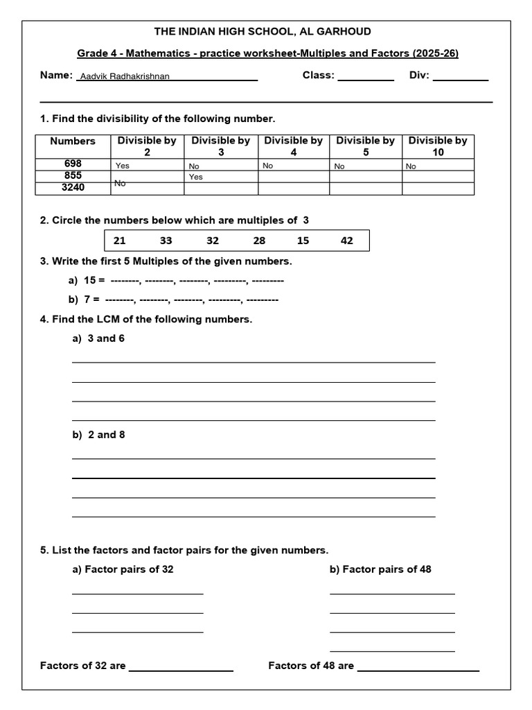 Practice Worksheet-Multiples and Factors | PDF | Prime Number | Numbers