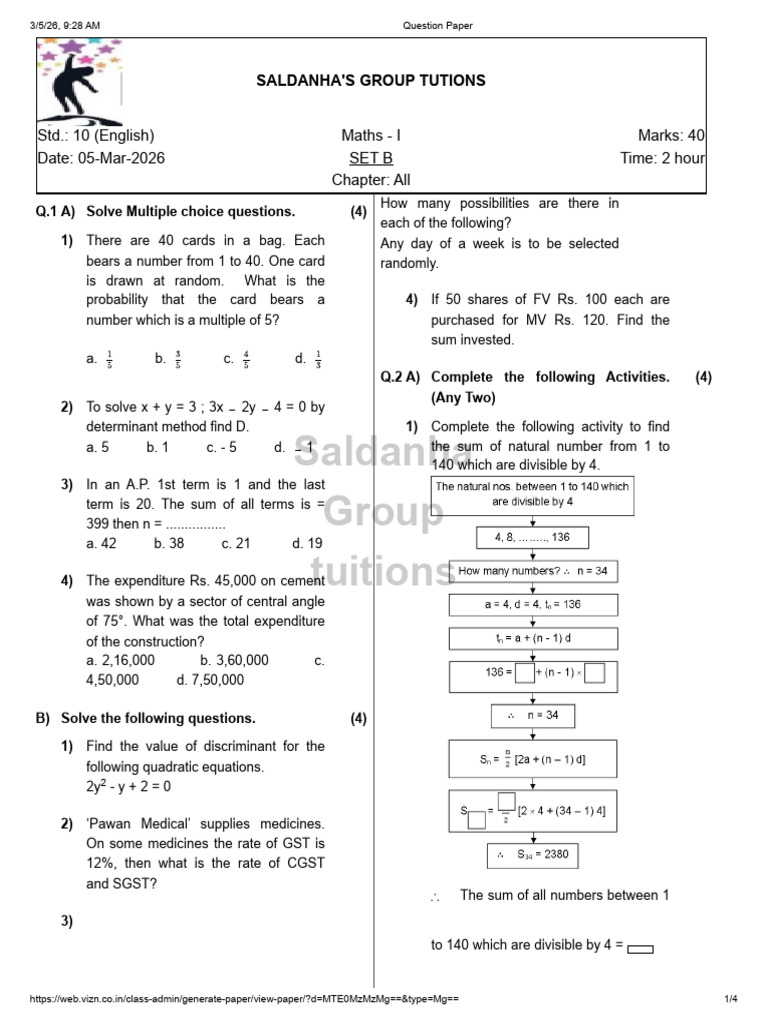10TH Maths 1 Paper Set B | PDF | Taxes | Mathematics