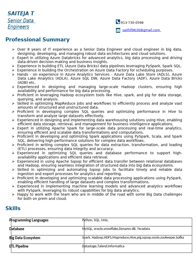 Sai Teja Azure Data Engineer | PDF | Apache Spark | Apache Hadoop