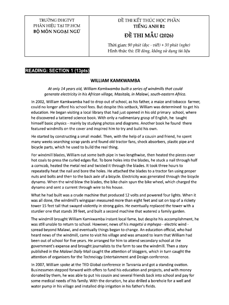 B2 Sample Test 2026 (Full) - Google Tài Liệu | PDF