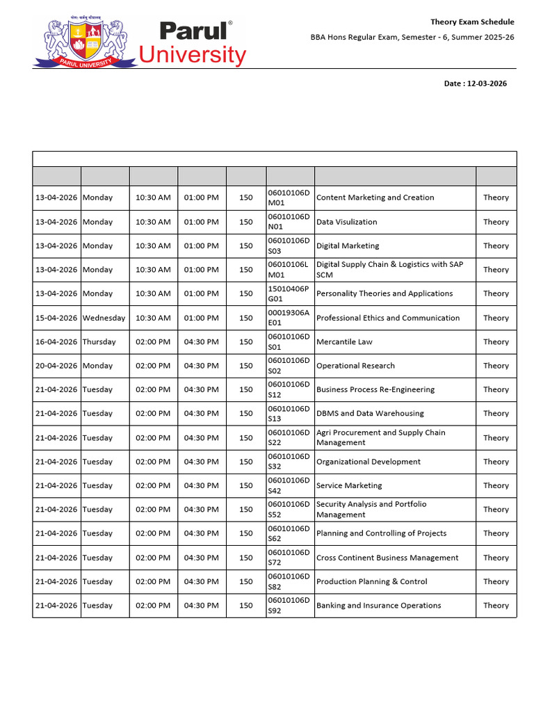 New Schedule Theory Exam Parul University | PDF | Logistics | Business ...