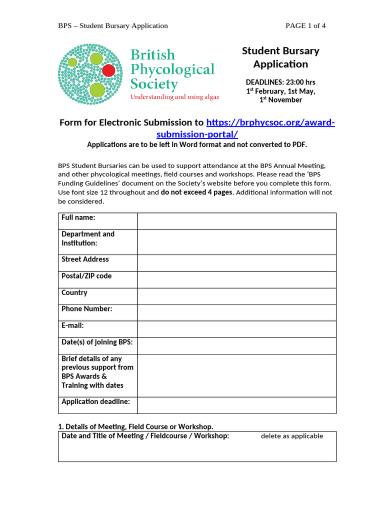BPS Student Recent Graduate Bursary Application Form Jan26 | PDF ...