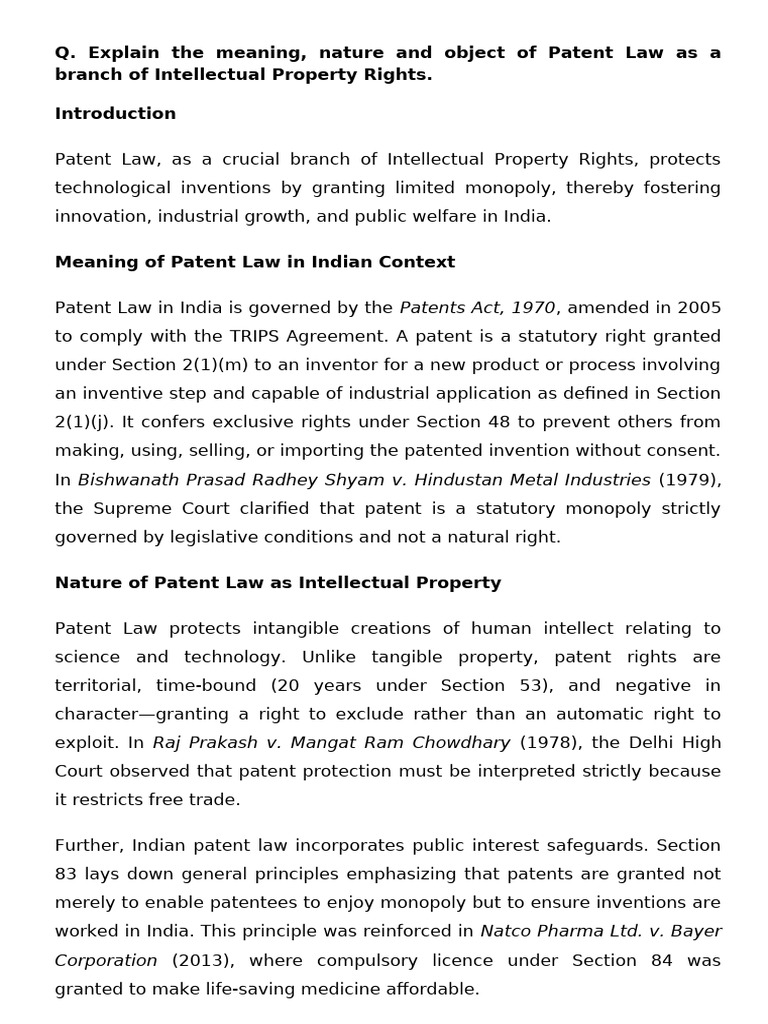 Q. Explain The Meaning, Nature and Object of Patent Law As A Branch of ...