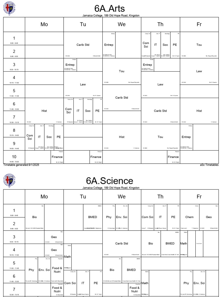 Sixth Form Timetables As at September 1 2025 | PDF
