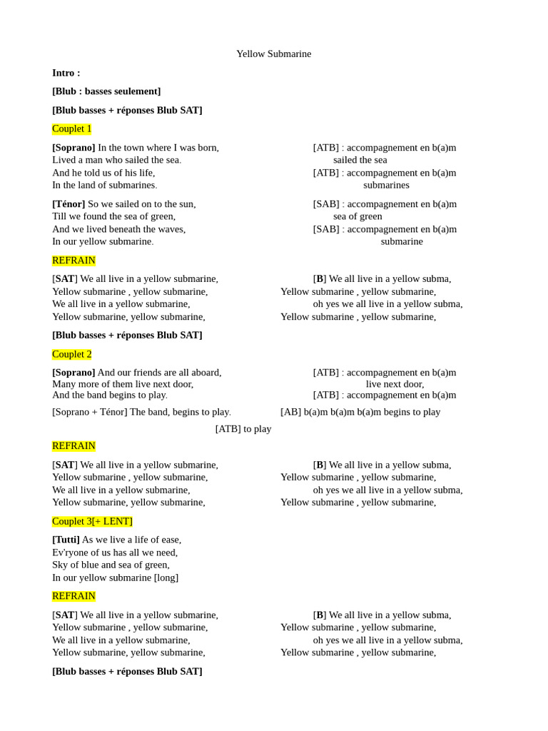 Yellow Submarine Lyrics | PDF