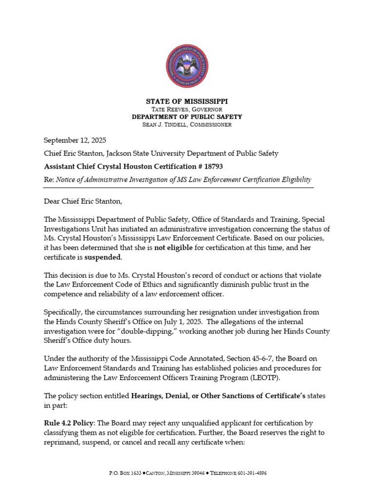 SIU General Admin Investigation Crystal Houston Jackson State ...