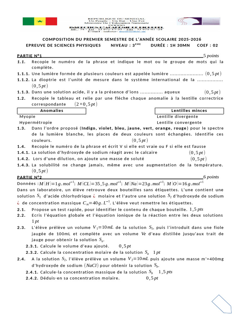 Compos 3e s1 2026 Dbel | PDF | Concentration molaire | Arc en ciel