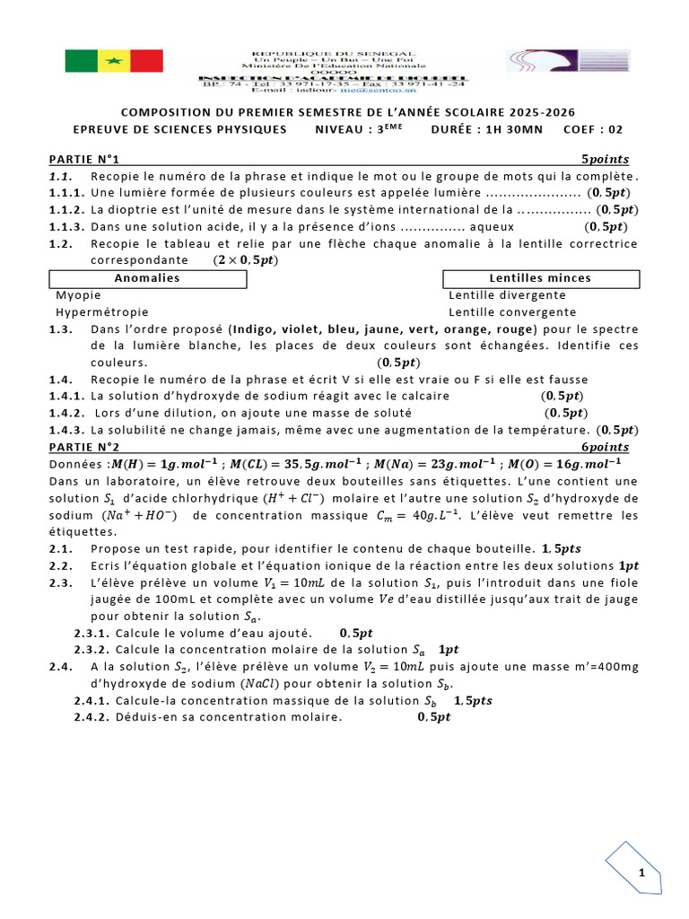 Compos 3e s1 2026 Dbel | PDF | Concentration molaire | Arc en ciel
