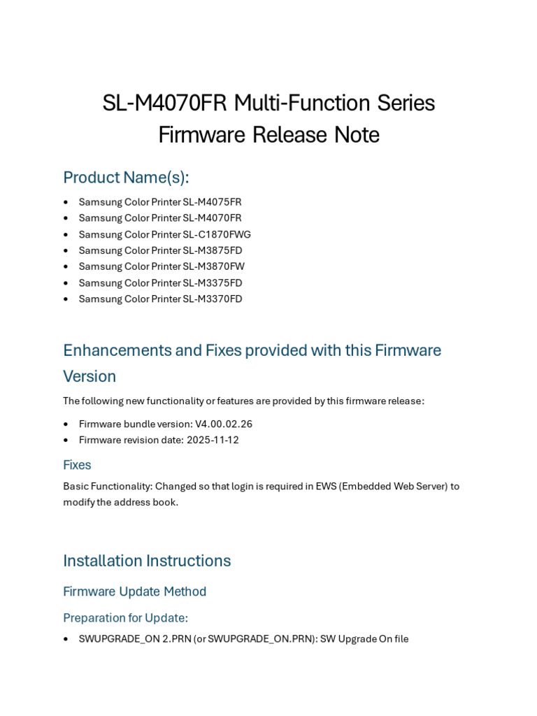 Releasenote Sl-m4070fr MFP v4.00.02.26 Eng | PDF