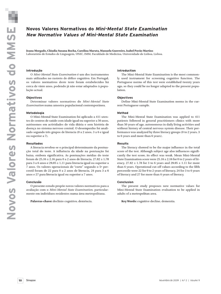 Novos Valores Normativos Do Mini-Mental State Examination New Normative ...
