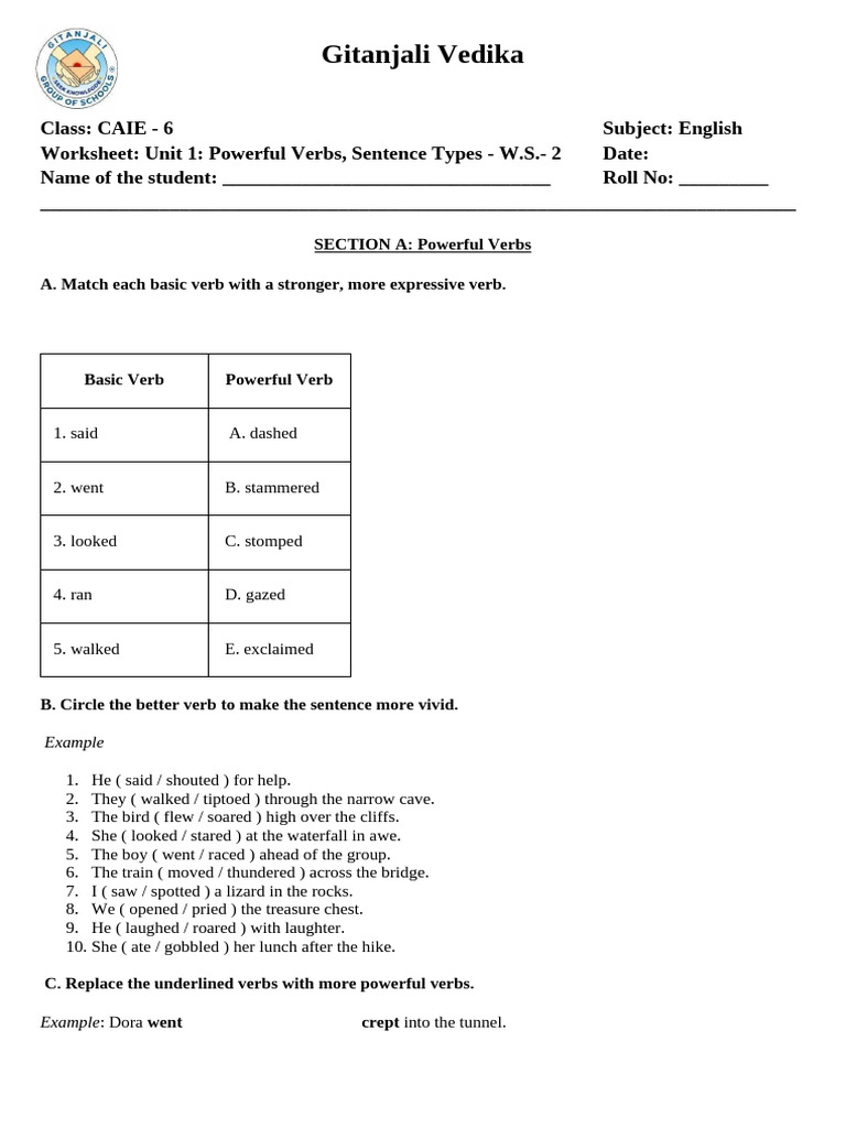 Unit 1 - Powerful Verbs & Sentence Types - WS 2 | PDF | Language ...