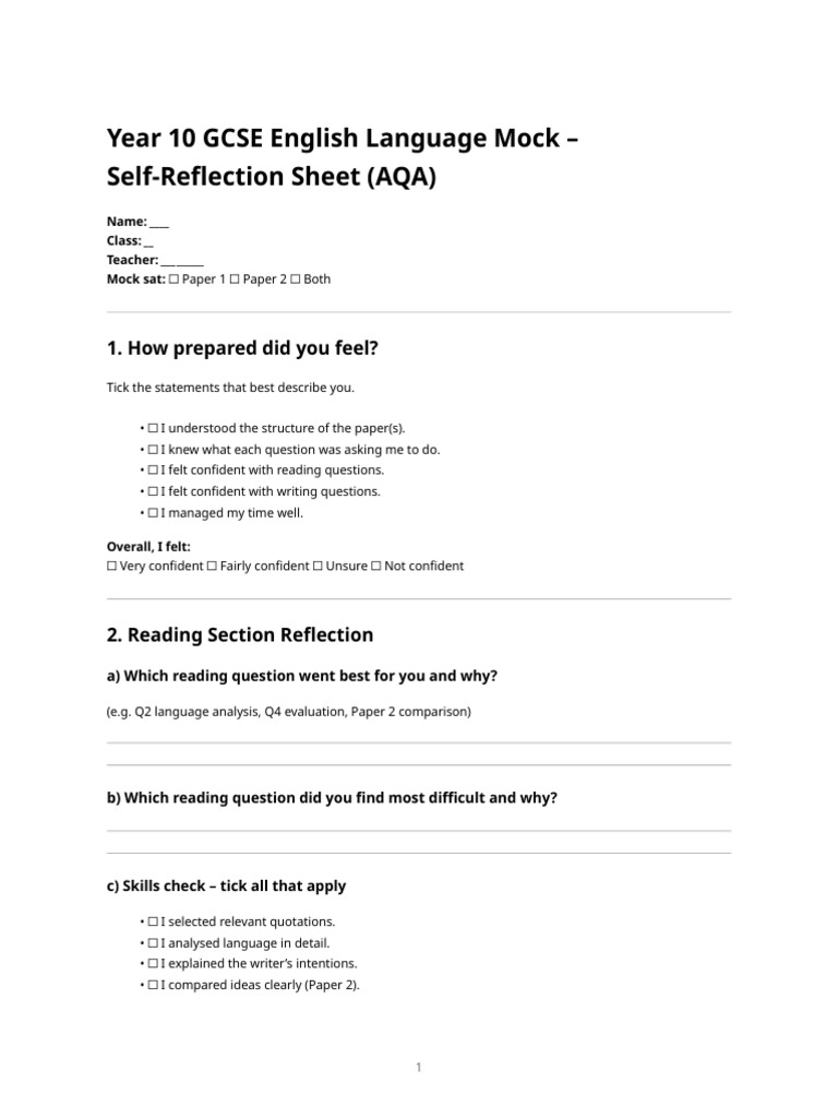 Year 10 Gcse English Language Mock - Self Reflection Sheet (Aqa) | PDF