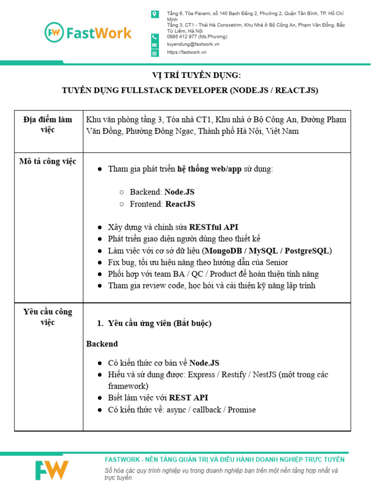 TUYỂN DỤNG JUNIOR FULLSTACK DEVELOPER (NODE.JS _ REACT.JS)_1 | PDF