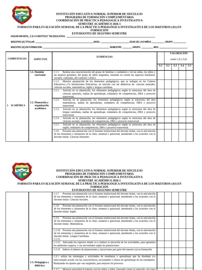 Formato de Evaluación Semanal para Estudiantes de Segundo Semestre 2024 ...