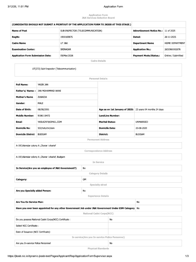 Jkssb Sub-Inspector Application Submission Receipt Printout | PDF