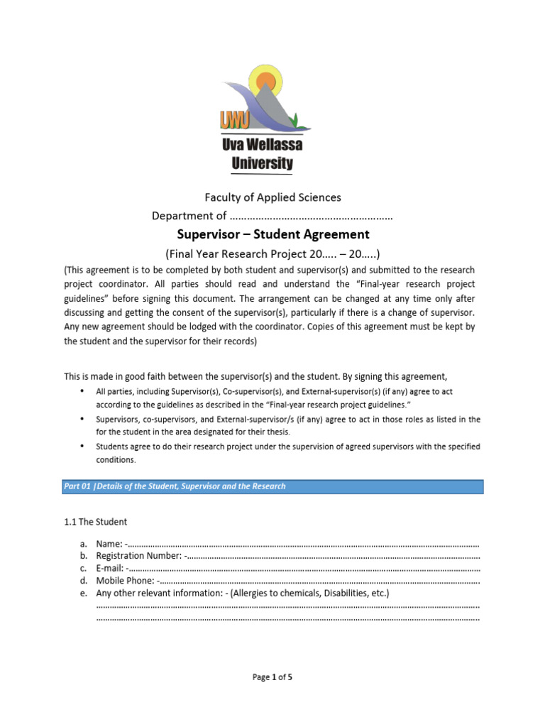 Supervisor - Student Agreement - SCT | PDF