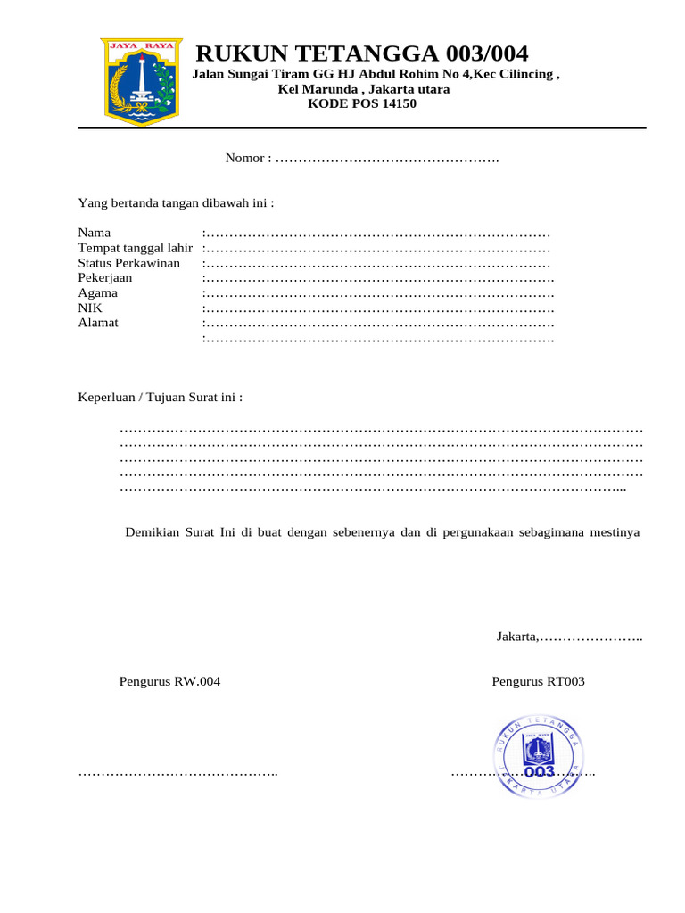 Form 7 Surat Keterangan RT | PDF