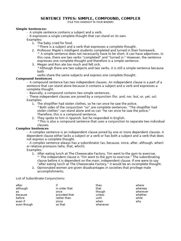 Sentence Types - Simple-Compound-Complex - Handout 5 | PDF | Subject ...