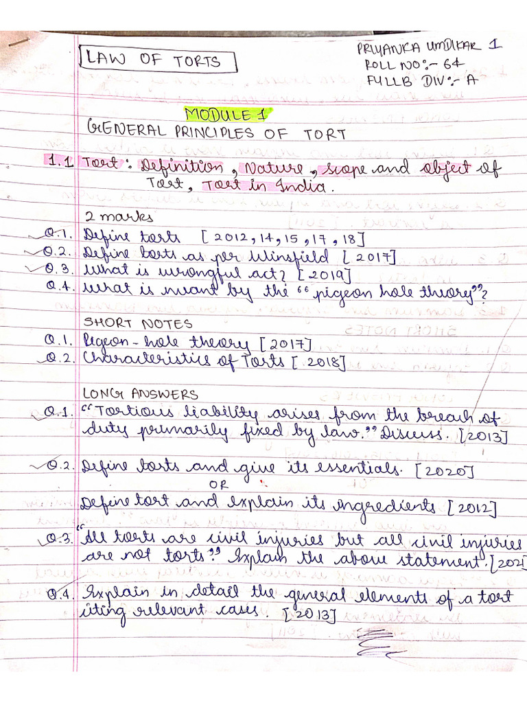 Priyanka TORT PYQ Notes | PDF