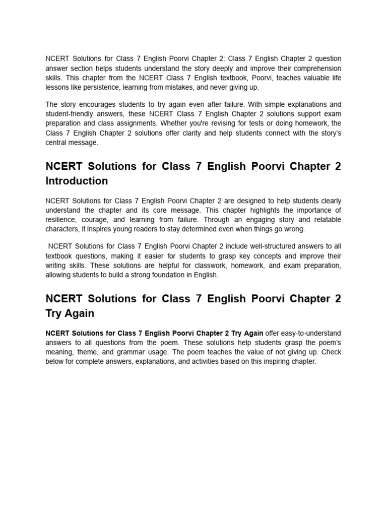 NCERT Solutions For Class 7 English Poorvi Chapter 2 | PDF