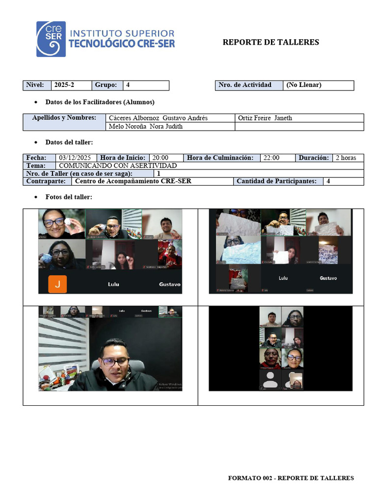 Formato 002 Reporte de Talleres | PDF