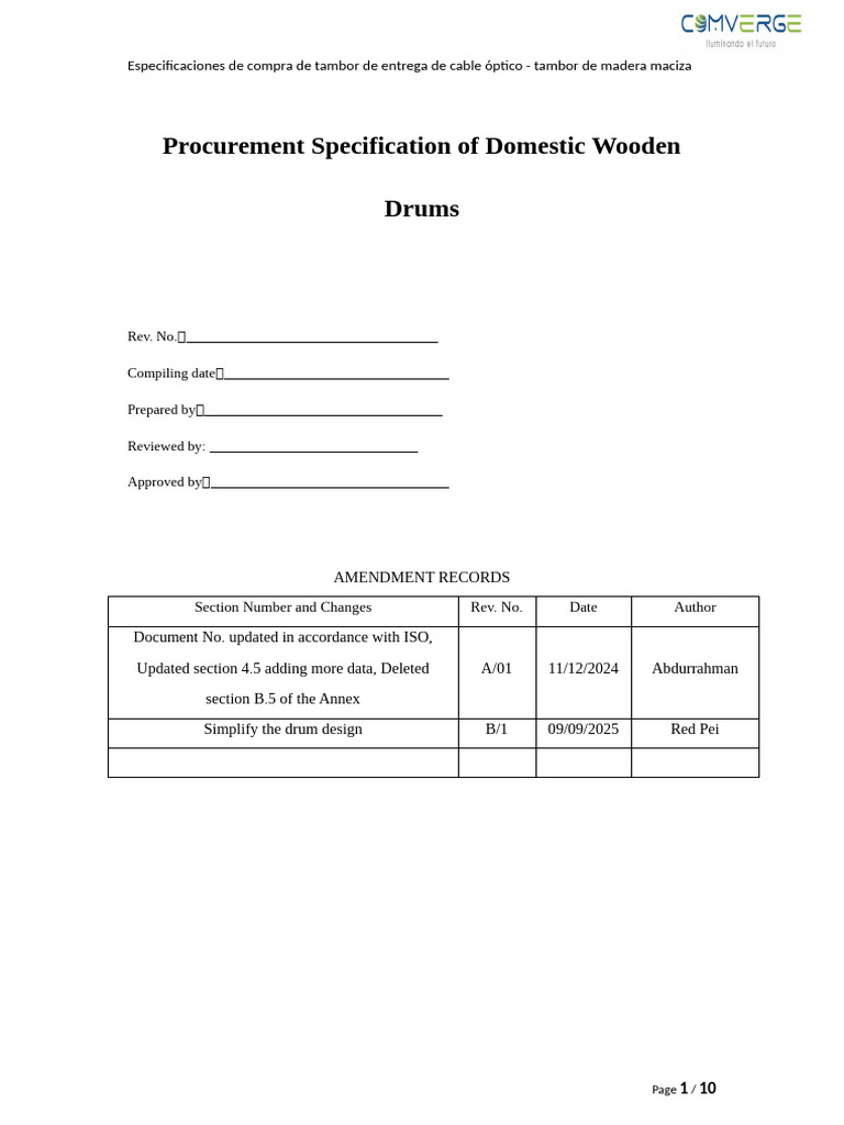 Procurement Specification of Domestic Wooden Drums Comverge Traducido ...