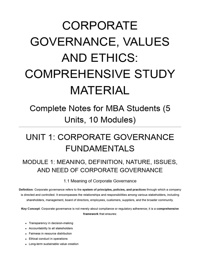 CG Values Ethics Notes | PDF | Corporate Governance | Board Of Directors