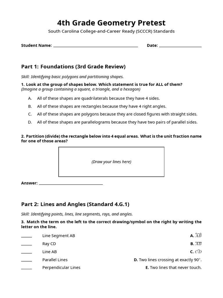 4th Grade Geometry Pretest | PDF | Rectangle | Triangle