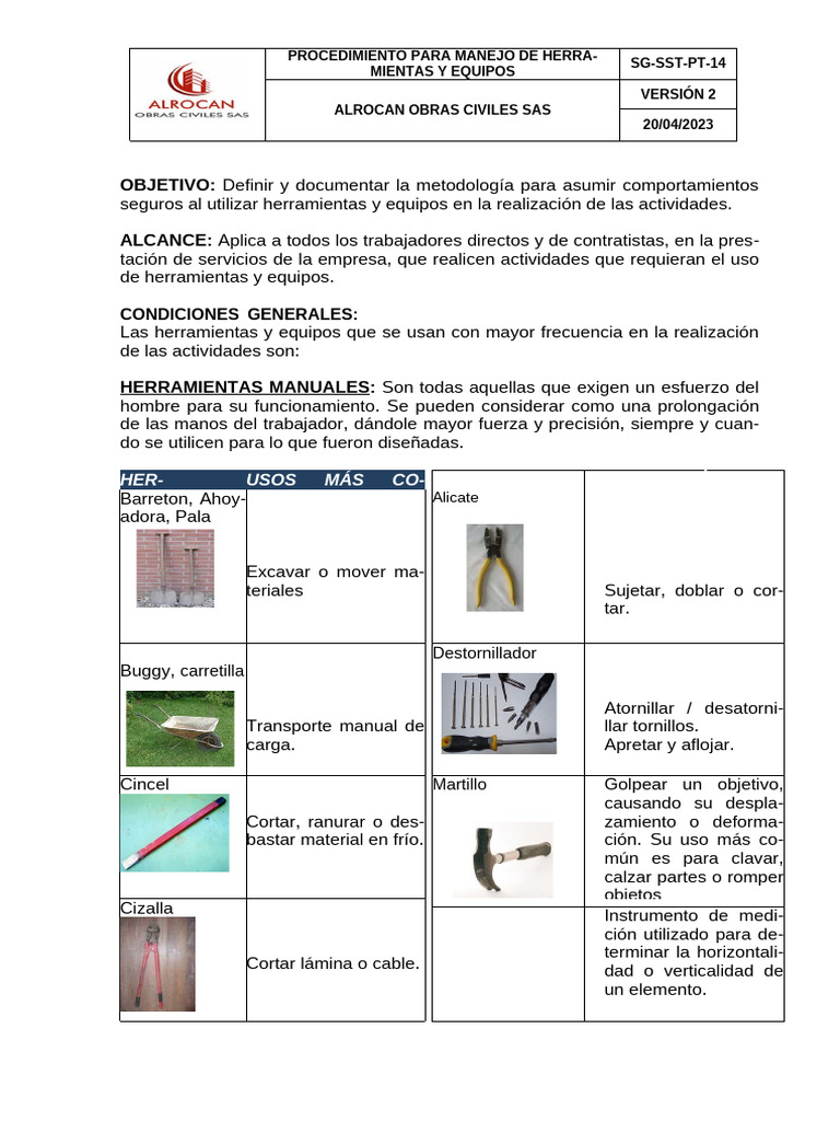 SG-SST-PT-14. Procedimiento Seguro para El Manejo de Herramientas y ...