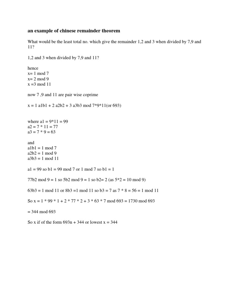 Chinese Remainder Theorem Example | PDF | Discrete Mathematics | Number ...