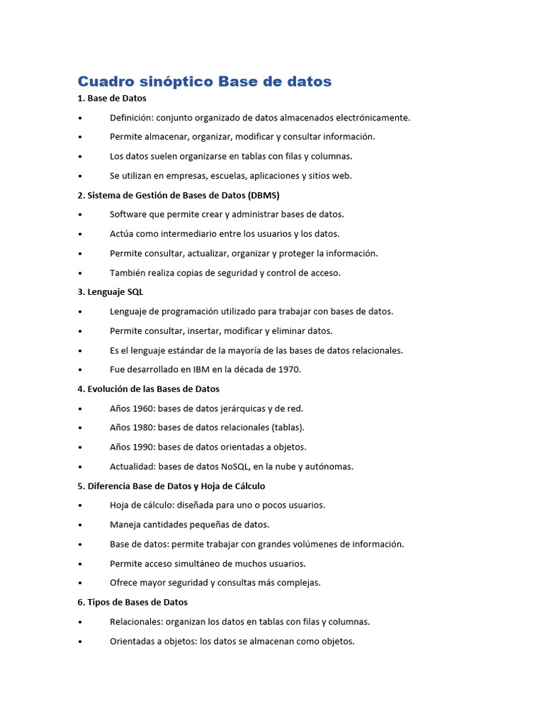Cuadro sinóptico Base de datos_2ce64cf7cb63891b0e5f33dd48f1a933 | PDF ...