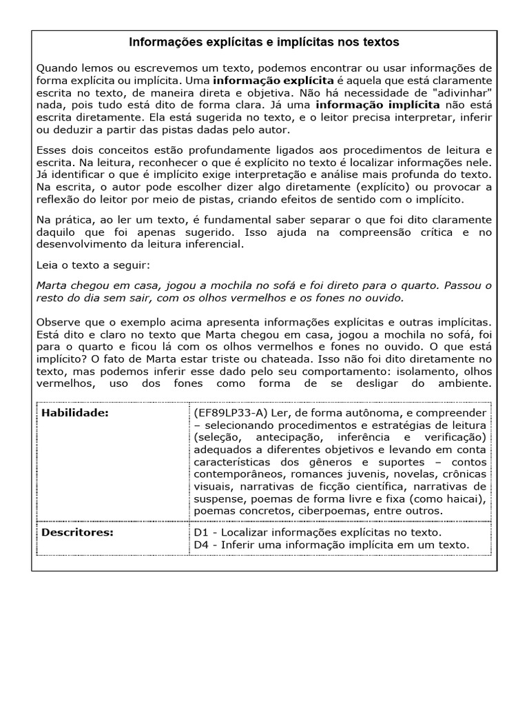 Texto - AULA 2 - Informações Explícitas e Implícitas Nos Textos | PDF ...