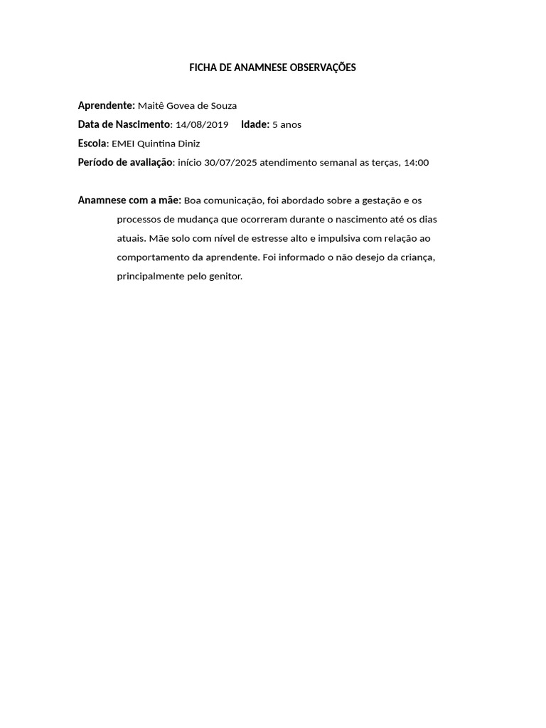 Ficha de Anamnese Observações | PDF