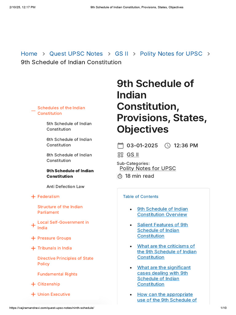 9th Schedule of Indian Constitution, Provisions, States, Objectives ...
