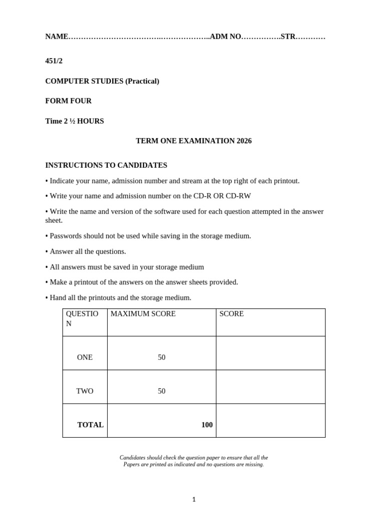 Form 4 Computer Studies - Paper 2 - Question Paper | PDF | Computing